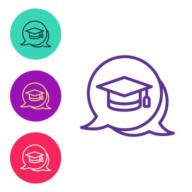 Beyaz arkaplanda izole edilmiş konuşma baloncuğu simgesinde satır mezuniyet başlığını ayarla. Tassel ikonlu mezuniyet şapkası. Simgeleri renklendirin. Vektör