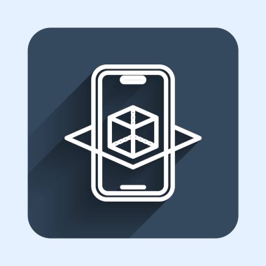 Beyaz çizgi 3D modelleme simgesi uzun gölge arkaplanı ile izole edildi. Artırılmış gerçeklik mi yoksa sanal gerçeklik mi? Mavi kare düğme. Vektör