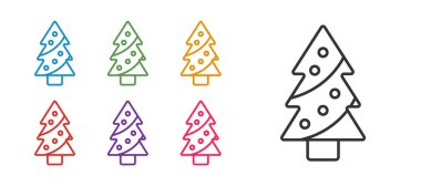 Süsleme simgesi beyaz arkaplanda izole edilmiş çizgi Noel ağacı. Mutlu Noeller ve mutlu yıllar. Simgeleri renklendirin. Vektör