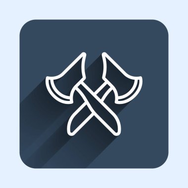 Beyaz çizgi tahta balta ikonu uzun gölge arkaplanı ile izole edilmiş. Oduncu baltası. Mavi kare düğme. Vektör