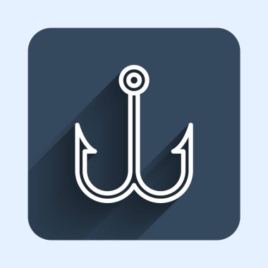 Beyaz çizgili olta kancası ikonu uzun gölge arkaplanı ile izole edilmiş. Balık oltası. Mavi kare düğme. Vektör