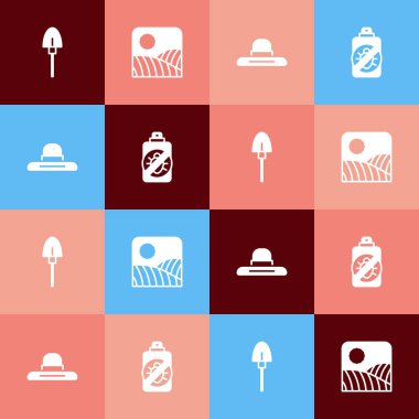 Pop sanat küreği, tarım buğday tarlası çiftliği, tarım işçisi şapkası ve böcek ikonuna karşı sprey boya. Vektör