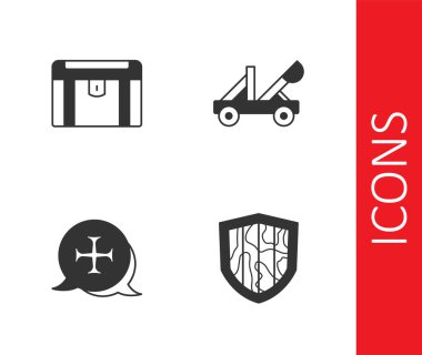 Kalkan, Antika hazine sandığı, Haçlı Seferi ve Ortaçağ mancınık ikonu. Vektör