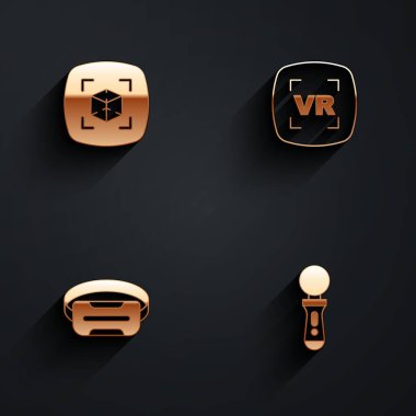 3D modelleme, Sanal gerçeklik, gözlükler ve VR oyun simgesini uzun gölgeli ayarla. Vektör