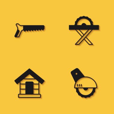 El testeresi, elektrik dairesi, köpek evi ve uzun gölgeli ikon. Vektör