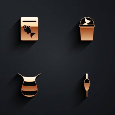 Tabakta servis edilen balıkları, balık kovasını, ağ ve uzun gölgeli yüzen ikonu hazırla. Vektör