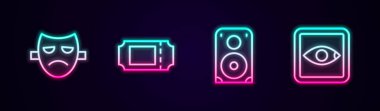 Set çizgisi, tiyatro maskesi, sinema bileti, müzik seti hoparlörü ve Rating filmi. Parlayan neon ikonu. Vektör