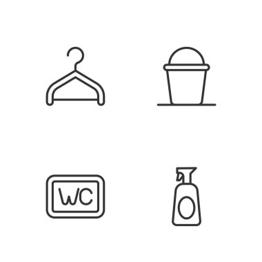 Deterjan, tuvalet, gardırop ve kova ikonuyla sıra temizleme spreyi. Vektör