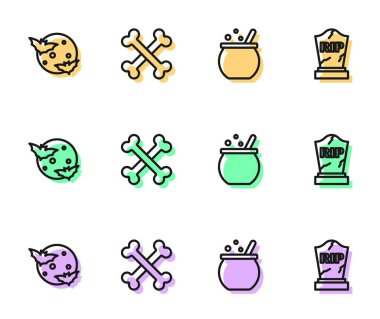 Cadılar Bayramı cadı kazanı, ay ve yıldızlar, çapraz kemikler ve üzerinde RIP yazılı simge olan Tombstone. Vektör