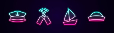 Kaptan şapka, çapraz kürek ya da kürek, yat yelkenlisi ve yelkenli. Parlayan neon ikonu. Vektör