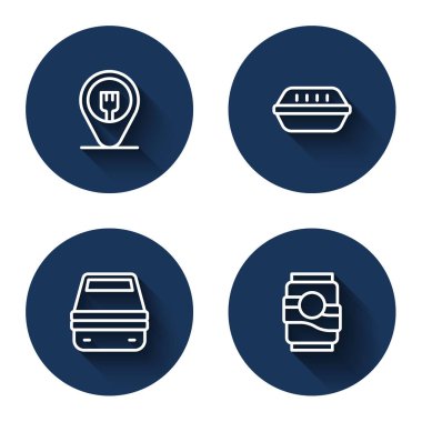 Sıralı kafe, restoran, beslenme çantası ve uzun gölgeli soda kutusu. Mavi daire düğmesi. Vektör