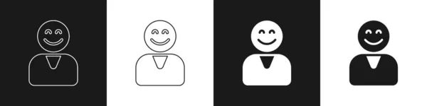 Set Happy Customer Icon Geïsoleerd Zwart Wit Achtergrond Vector — Stockvector