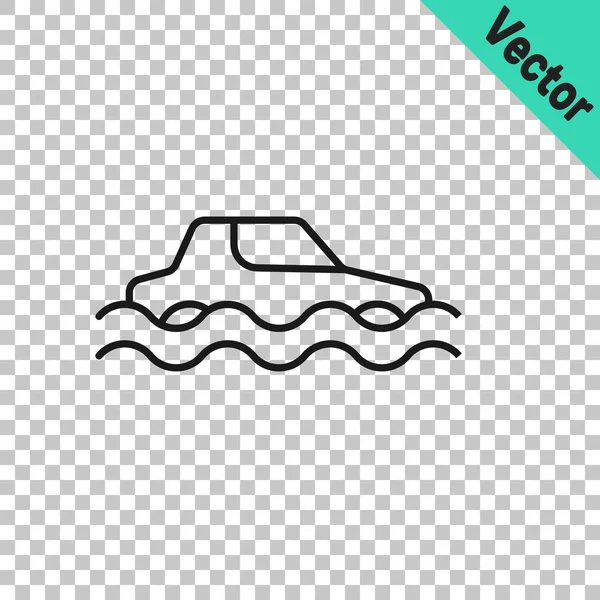 Black Line Flood Car Icon Isolated Transparent Background Insurance Concept — Stock Vector