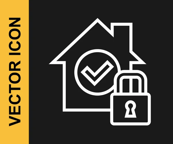 White Line House Protection Icon Isolated Black Background Home Lock — Stock Vector