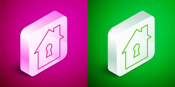 Ізометрична Лінія Будинок Під Іконою Захисту Ізольовано Рожевому Зеленому Тлі — стоковий вектор