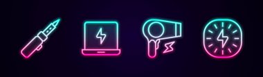 Demir, dizüstü bilgisayar, saç kurutma makinesi ve şimşek cıvatasını ayarla. Parlayan neon ikonu. Vektör