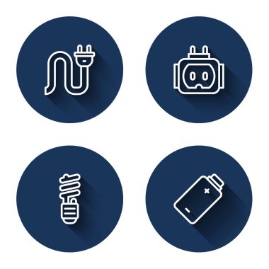 Elektrik prizi, Tee elektrik, LED ampul ve uzun gölgeli pili ayarla. Mavi daire düğmesi. Vektör