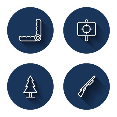 Tuzak avı, hedef sporu, uzun gölgeli Ağaç ve Avcı silahı. Mavi daire düğmesi. Vektör