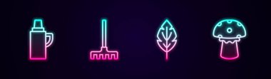 Hat termos kabı, bahçe tırmığı, Yaprak ve Mantar. Parlayan neon ikonu. Vektör