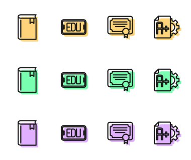 Satır Sertifika şablonu, Kitap, Çevrimiçi eğitim ve Sınav kağıdını A + dereceli simgeyle ayarla. Vektör