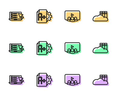 Çevrimiçi sınıf, quiz, test, survey, Sınav kağıdını A + dereceli ve Cloud ya da online kütüphane simgesiyle ayarla. Vektör