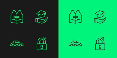 Hattı bozmak ya da kilidi kırmak, su baskını arabası, can yeleği ve eğitim bursu ikonu. Vektör