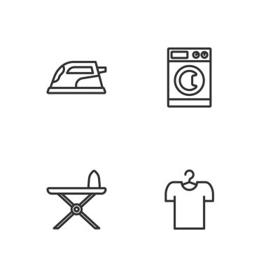 Askıya çizgi tişörtü, elektrikli ütü, ütü masası ve çamaşır yıkama ikonu koyun. Vektör