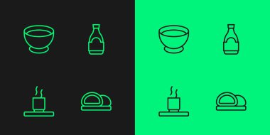 Suşi, çay fincanı, kasede soya sosu ve şişe ikonu. Vektör