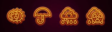 Güneş tutulması, Şemsiye, Bulut, Şimşek ve Asit yağmuru radyoaktif bulut çizgisini ayarlayın. Parlayan neon ikonu. Vektör