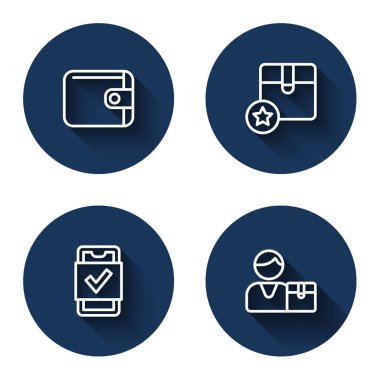 Sabit hat cüzdan, karton kutu, mobil alışveriş ve uzun gölgeli alıcı. Mavi daire düğmesi. Vektör