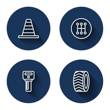 Hat konisi, vites kolu uzaktan kumandalı araba anahtarı ve uzun gölgeli tekerlek. Mavi daire düğmesi. Vektör