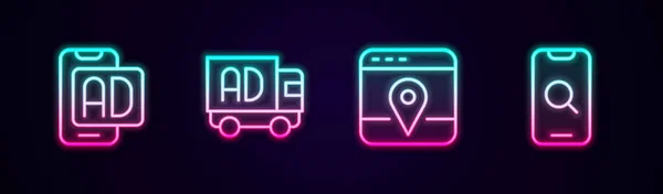 Állítsa Vonal Reklám Teherautó Infographic Várostérkép Nagyító Mobil Ragyogó Neon — Stock Vector