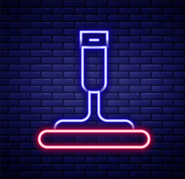 Duvarın arka planında izole edilmiş pencere simgesi için kauçuk temizleme servisiyle parlayan neon hattı. Silecek, kazıyıcı, silecek. Renkli taslak konsepti. Vektör