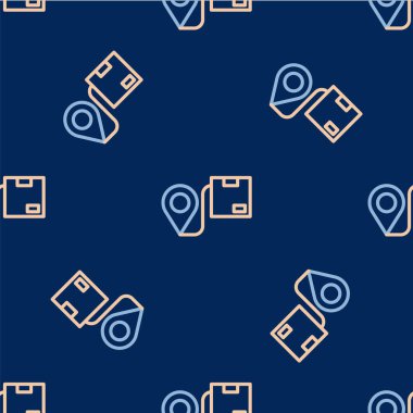 Karton kutu simgesine sahip çizgi konumu mavi arkaplanda izole edilmiş pürüzsüz desen. Teslimat hizmetleri, lojistik ve ulaşım, dağıtım. Vektör