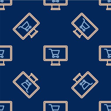 Monitör simgesindeki çizgi alışveriş arabası mavi arka planda izole edilmiş pürüzsüz desen. Konsept e-ticaret, e-ticaret, online iş pazarlama. Vektör