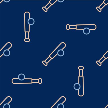 Top ikonlu çizgi beyzbol sopası mavi arka planda izole edilmiş pürüzsüz desen. Vektör