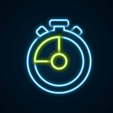 Parlayan neon hattı Stopwatch simgesi siyah arkaplanda izole edildi. Zaman göstergesi. Kronometre işareti. Renkli taslak konsepti. Vektör
