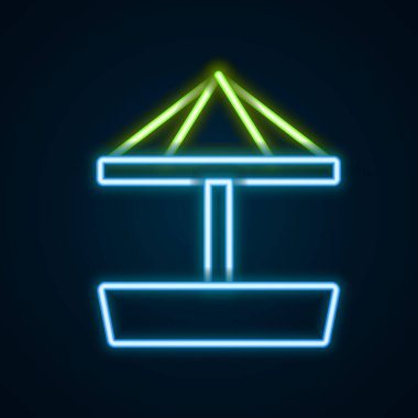 Siyah arka planda izole edilmiş kum ve şemsiye ikonu olan çocuklar için parlak neon hattı Sandbox. Renkli taslak konsepti. Vektör