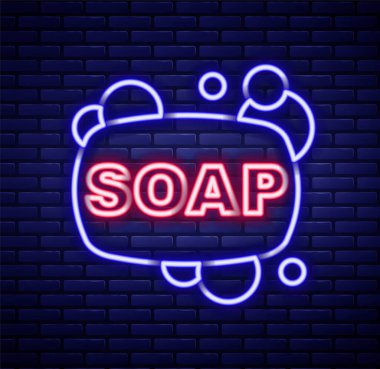 Parlayan neon hattı. Duvarda izole edilmiş sabun ikonu. Köpüklü sabun çubuğu. Renkli taslak konsepti. Vektör