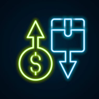 Parlayan neon çizgisi Vergi karton kutu simgesi siyah arkaplanda izole edildi. Kutu, paket, paket işareti. Teslimat ve ambalaj. Renkli taslak konsepti. Vektör