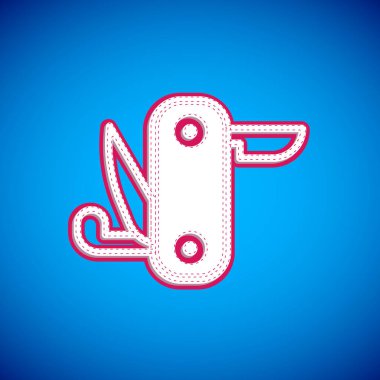 Mavi arka planda beyaz İsviçre çakısı ikonu var. Çoklu alet, çok amaçlı çakı. Çok fonksiyonlu bir alet. Vektör