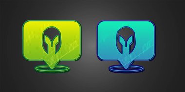 Ortaçağ 'ın yeşil ve mavi demir miğferleri, siyah arka planda izole edilmiş kafa koruma ikonu. Şövalye miğferi Vektör