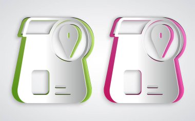 Kağıt kesiği Çevrimiçi sipariş ve fast food dağıtım ikonu gri arka planda izole edildi. Kağıt sanatı tarzı. Vektör