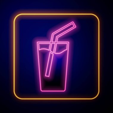 Siyah zemin üzerinde su ikonu olan parlak neon camlar. Soda bardağı. Vektör