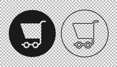 Şeffaf arkaplanda siyah alışveriş arabası simgesi izole edildi. İnternetten satın alma konsepti. Servis tabelası. Süpermarket sepeti sembolü. Vektör