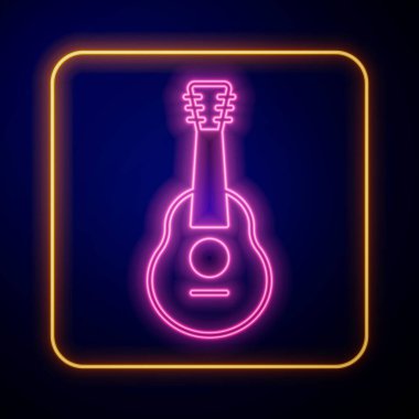 Parlayan neon gitar ikonu siyah arkaplanda izole edildi. Akustik gitar. Telli müzik aleti. Vektör