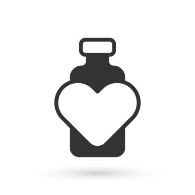 Aşk iksiri ikonlu gri şişe beyaz arka planda izole edilmiş. Sevgililer Günü sembolü. Vektör