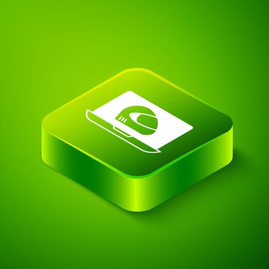 Yeşil arkaplanda Isometric yarış başlığı simgesi izole edildi. Olağanüstü bir spor. Spor malzemeleri. Yeşil kare düğmesi. Vektör