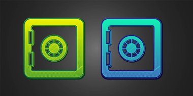 Siyah arkaplanda yeşil ve mavi kasa simgesi izole edildi. Kapı, şifreli bir banka kasası. Güvenilir Veri Koruma. Vektör