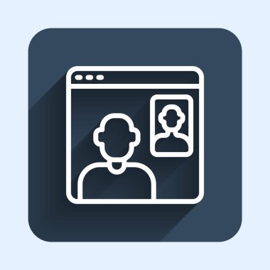 Beyaz çizgi görüntülü sohbet konferansı simgesi uzun gölge arkaplanı ile izole edildi. Çevrimiçi iş görüşmesi formu. Uzak proje yönetimi. Mavi kare düğme. Vektör